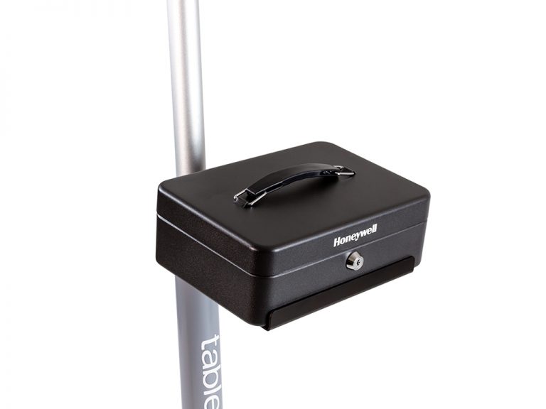 Black lockbox on a silver stand
