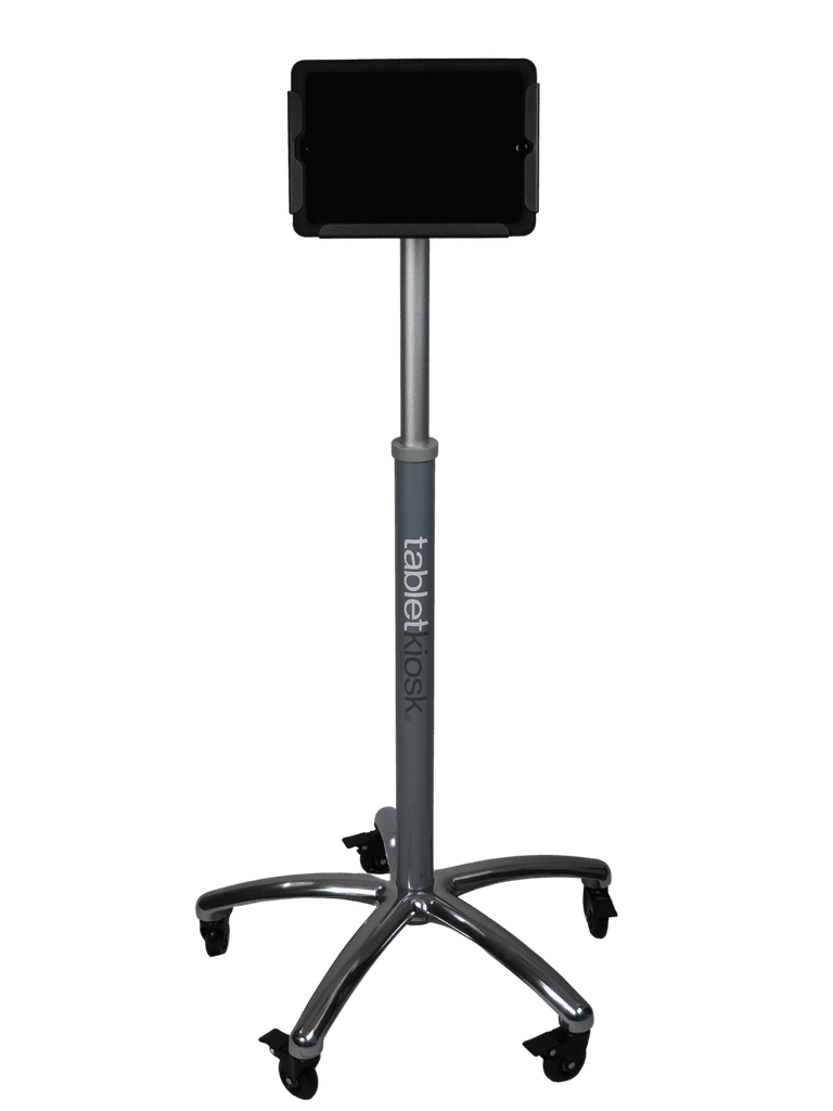 Adjustable gray tablet floor stand with clamp