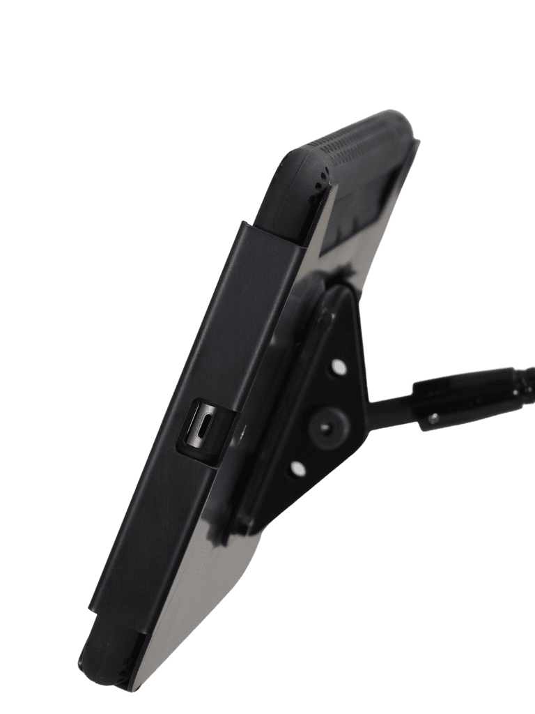 Black tablet mounted on adjustable holder