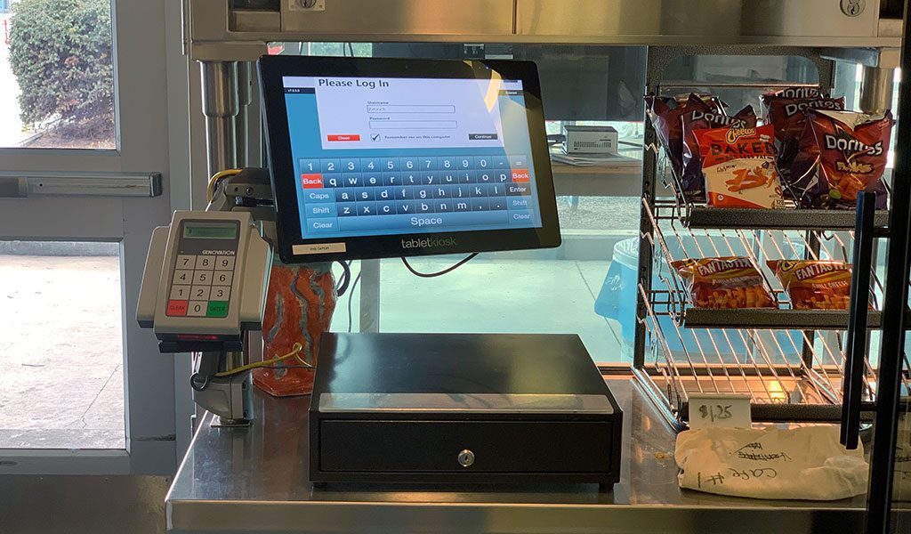 Checkout counter with snacks and register