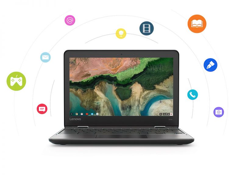 Open laptop surrounded by various digital icons