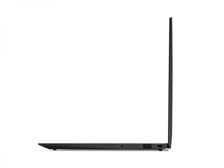 Slim laptop side view against white background.