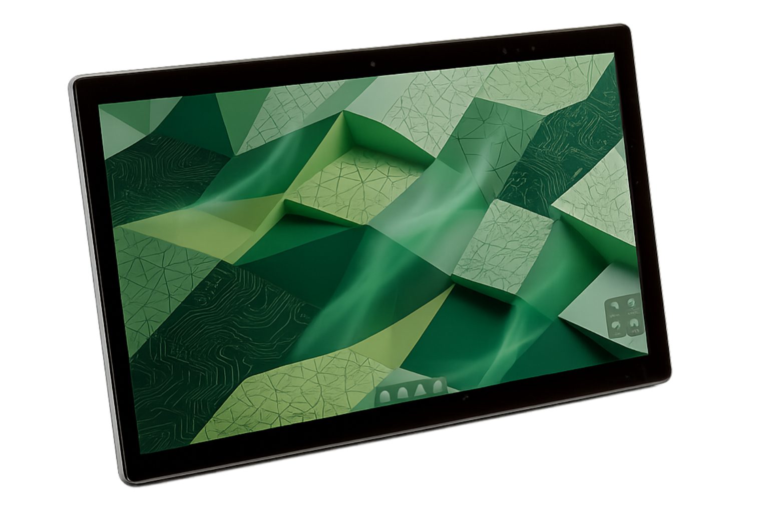 Close-up tablet display of green facets