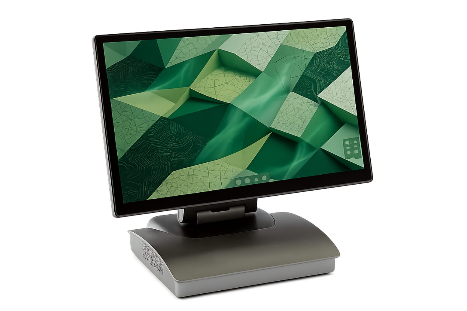 Touchscreen POS monitor with abstract green wallpaper