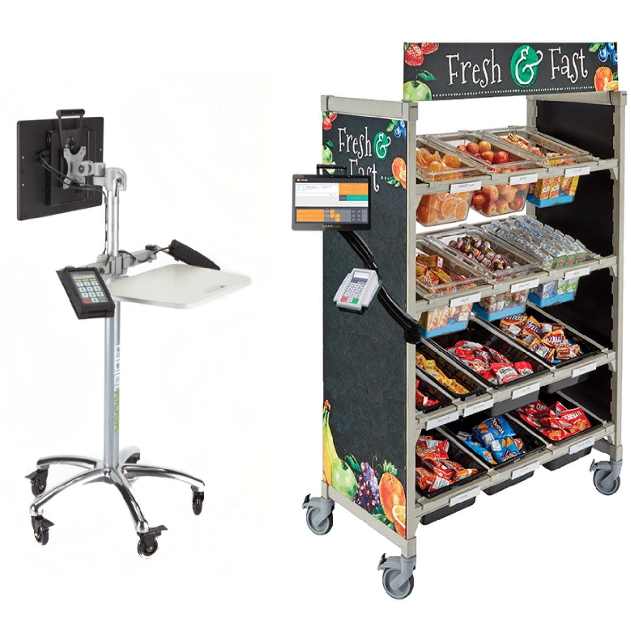 Rolling snack cart with mounted payment terminal