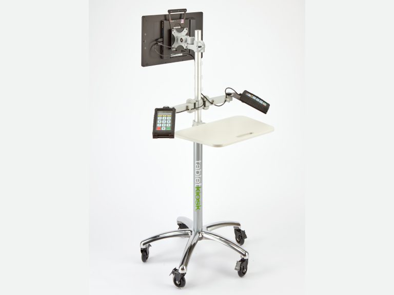 Mobile tablet stand with shelf and wheels