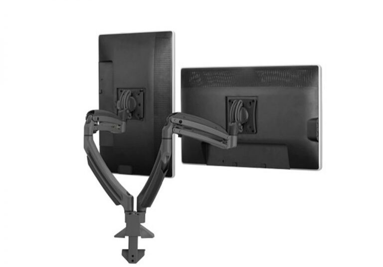 Two screens on ergonomic desk mount